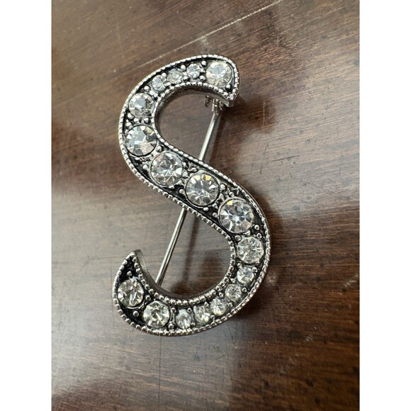 Rhinestone Embellished “S” Initial Brooch Pin Black Fashion Gift Name - Picture 3 of 8